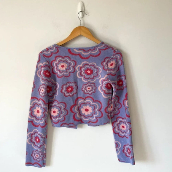 The Ragged Priest Free Bird Knit  Top Open Front Cardigan Purple Pink Floral XS - Picture 5 of 8